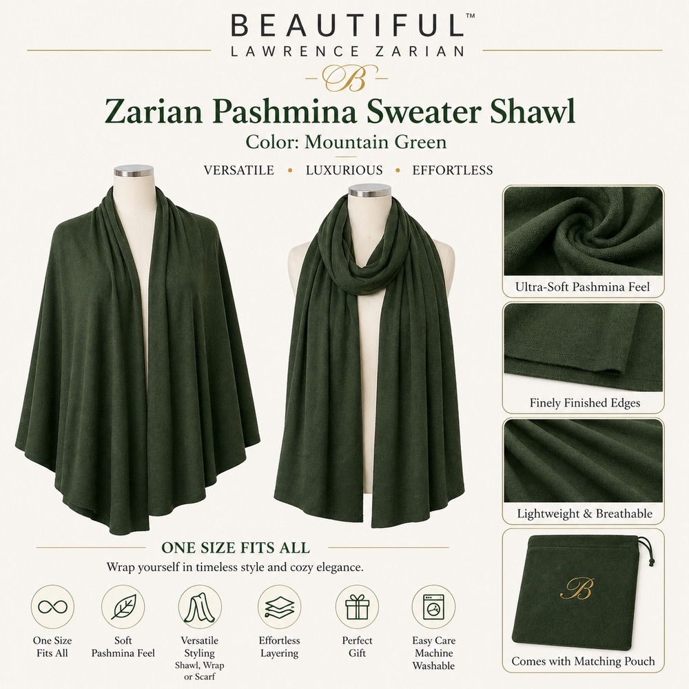 Beautiful by Lawrence Women Zarian Pashmina Sweater Shawl Mountain Green OS‎ NEW